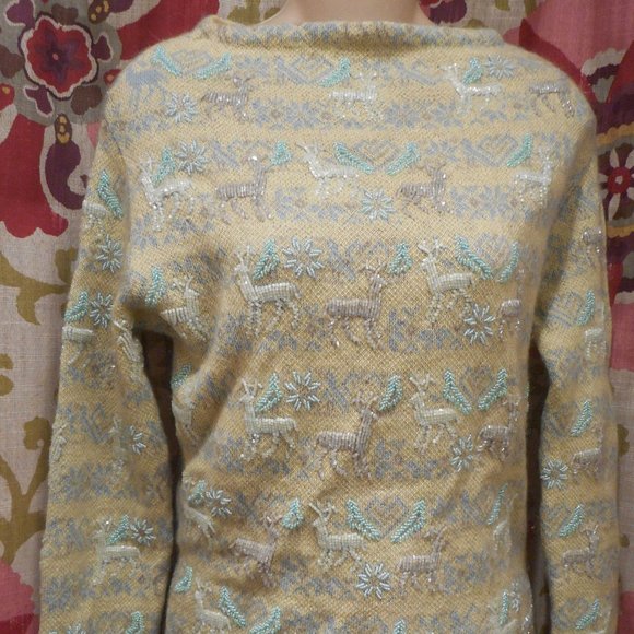 Jessica by Christopher L Ivory Knit Wool Sweater w/Beaded REINDEER MOTIF! S - Picture 1 of 2